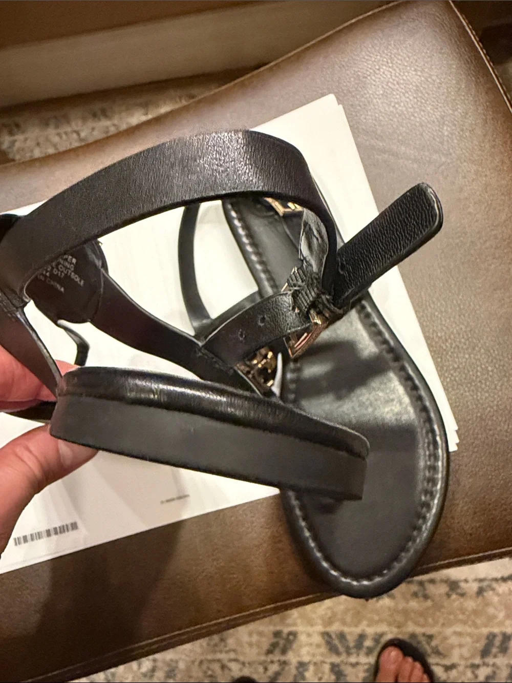 Tory Burch Black Leather Sandals with Gold Logo Medallions